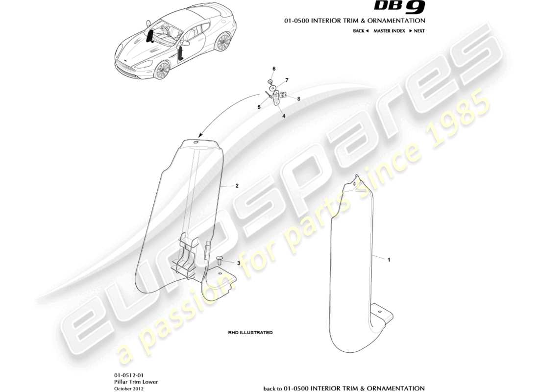 aston martin db9 (2015) adorno de pilar, diagrama de parte inferior