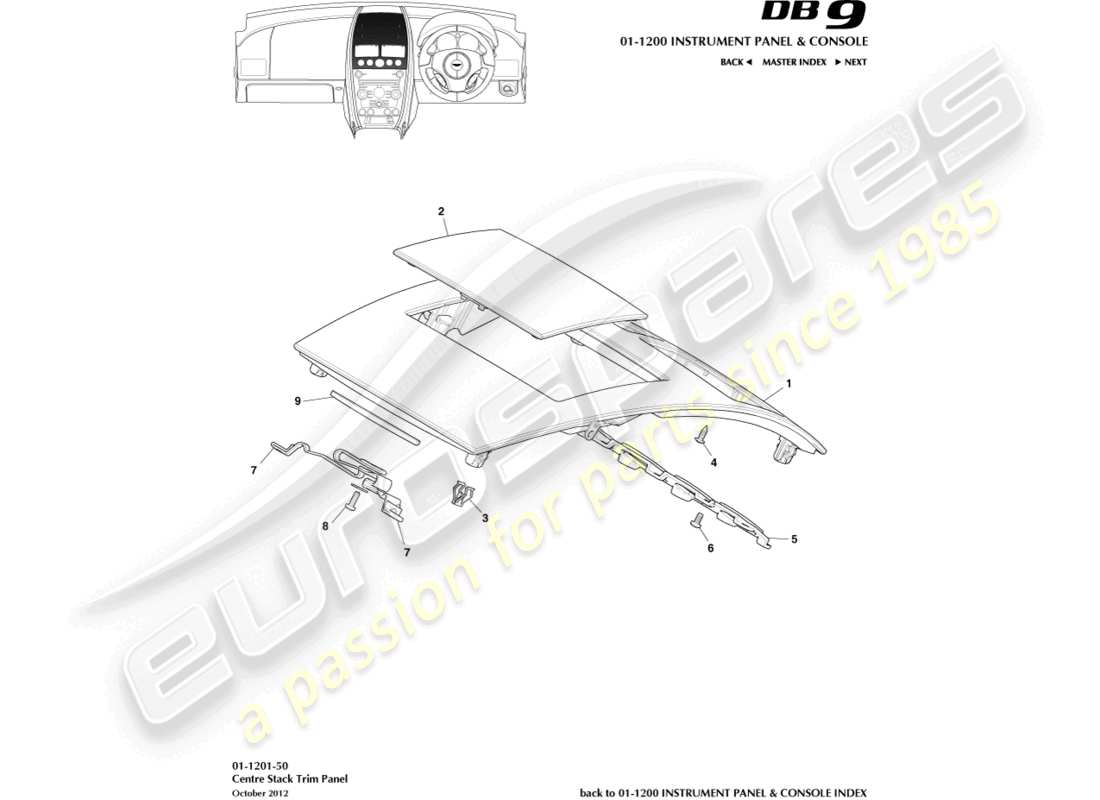 aston martin db9 (2015) diagrama de piezas del panel de adorno de la pila central