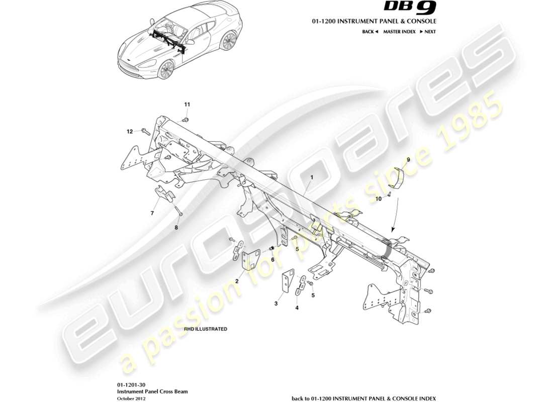 aston martin db9 (2017) viga transversal ip diagrama de piezas