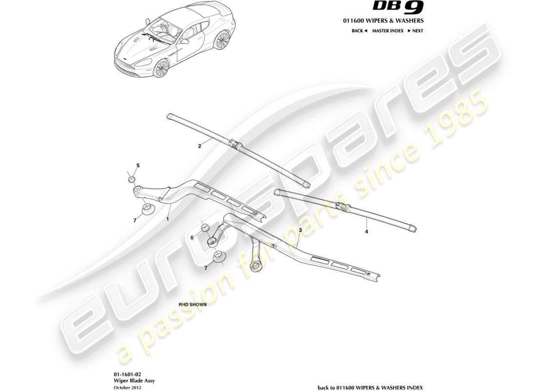 aston martin db9 (2017) conjunto de escobilla de limpiaparabrisas diagrama de piezas