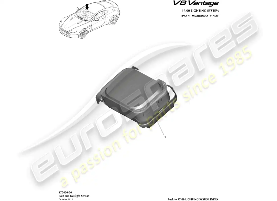 aston martin v8 vantage (2008) diagrama de piezas del sensor de lluvia y luz diurna
