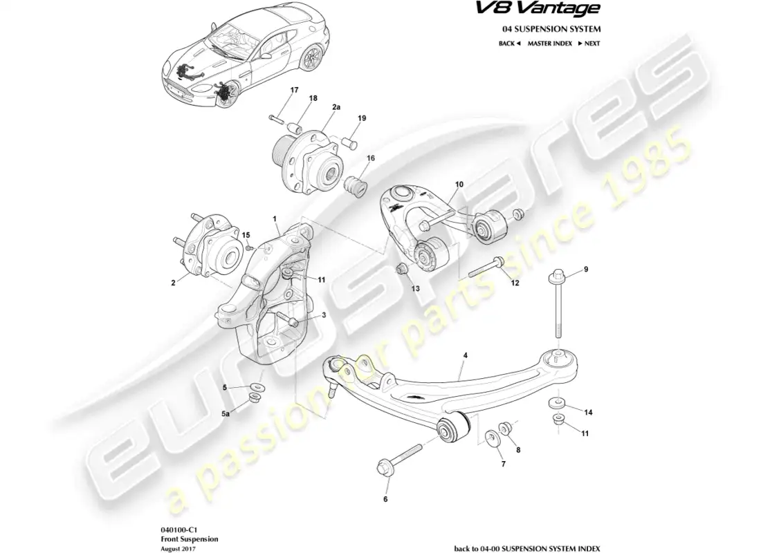 aston martin v8 vantage (2008) diagrama de piezas del conjunto de suspensión delantera