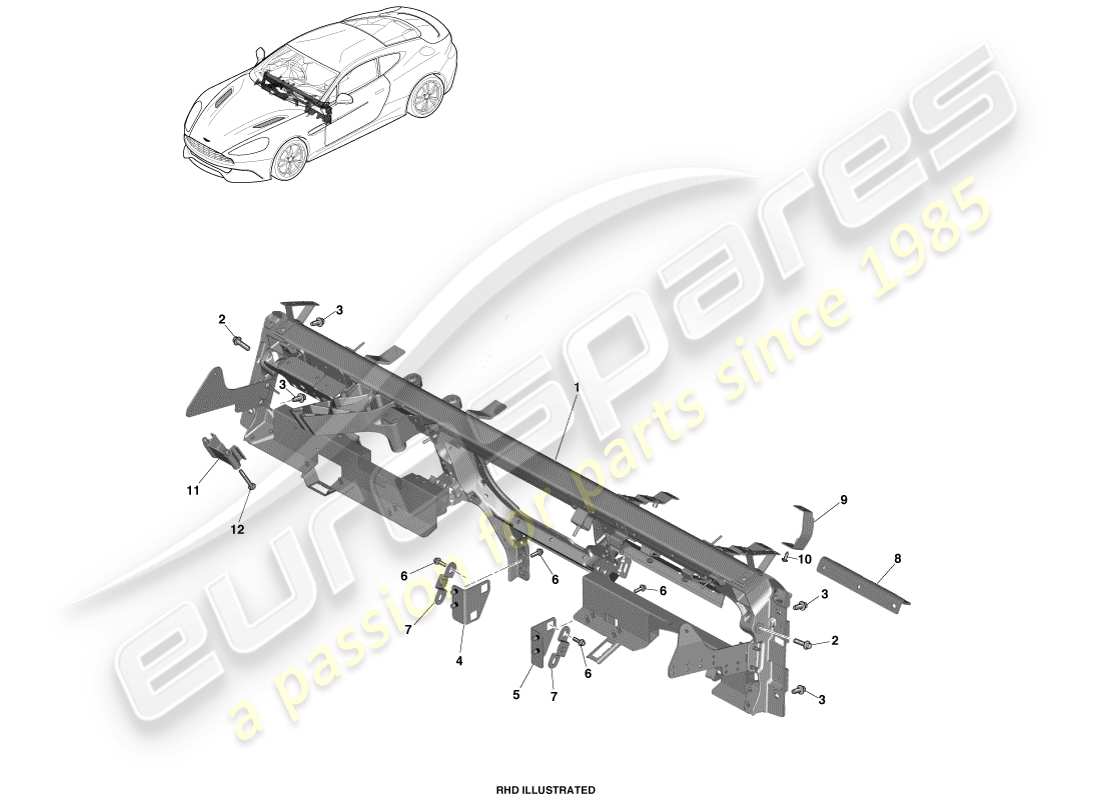 aston martin vanquish (2014) diagrama de piezas de viga transversal ip