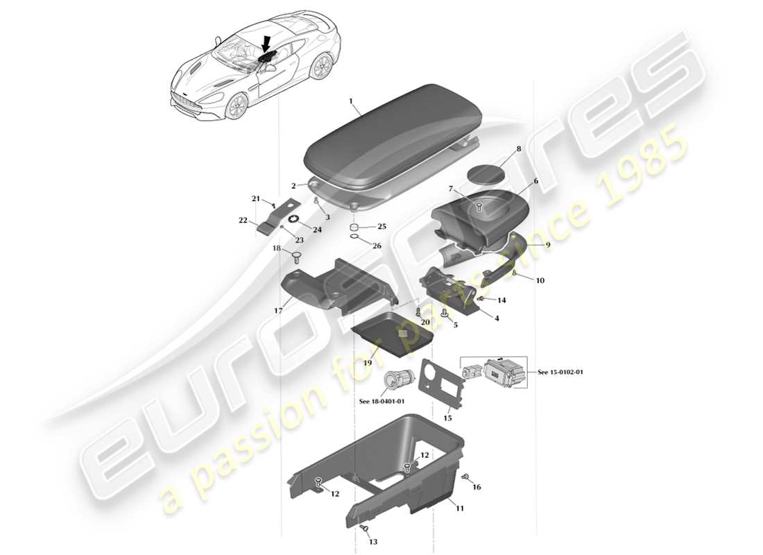 aston martin vanquish (2014) apoyabrazos de la consola central, página 1 diagrama de piezas