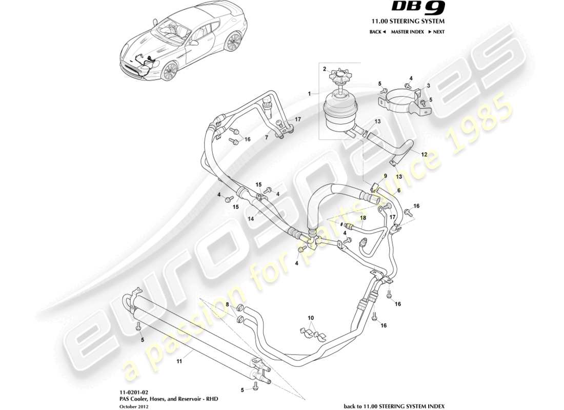 aston martin db9 (2016) mangueras pas, diagrama de piezas rhd