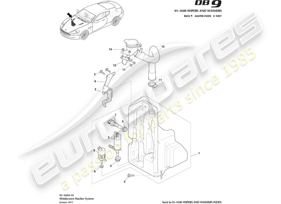 aston martin db9 (2005) diagrama de piezas de la botella de arandela