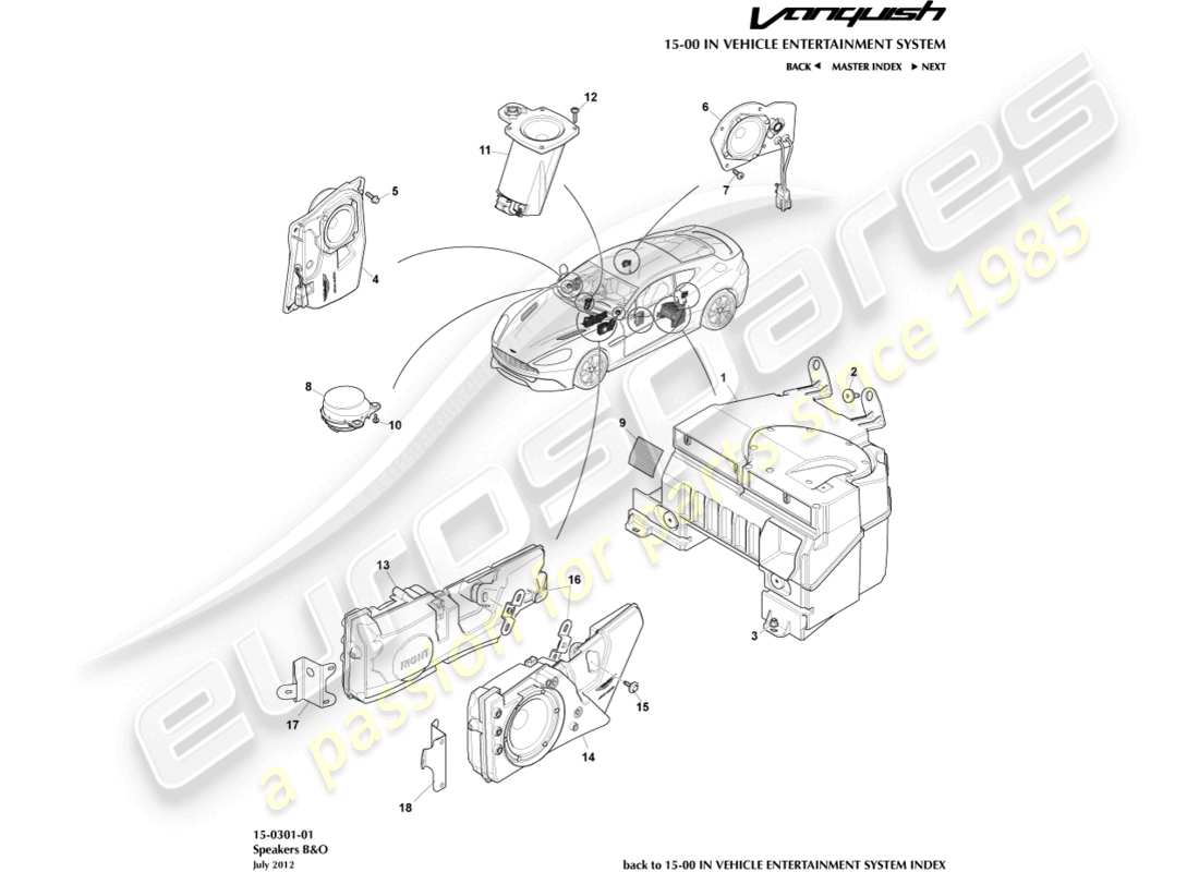 aston martin vanquish (2017) altavoces, diagrama de piezas b&o