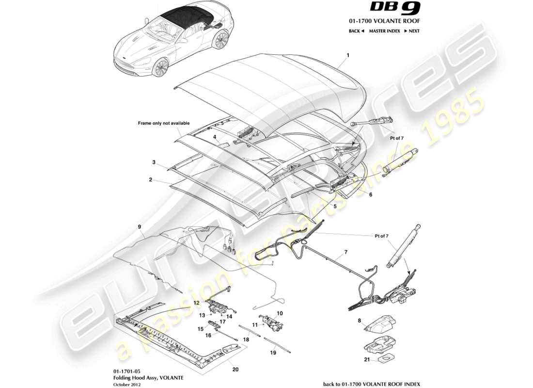 aston martin db9 (2013) diagrama de piezas del ensamblaje del techo volante