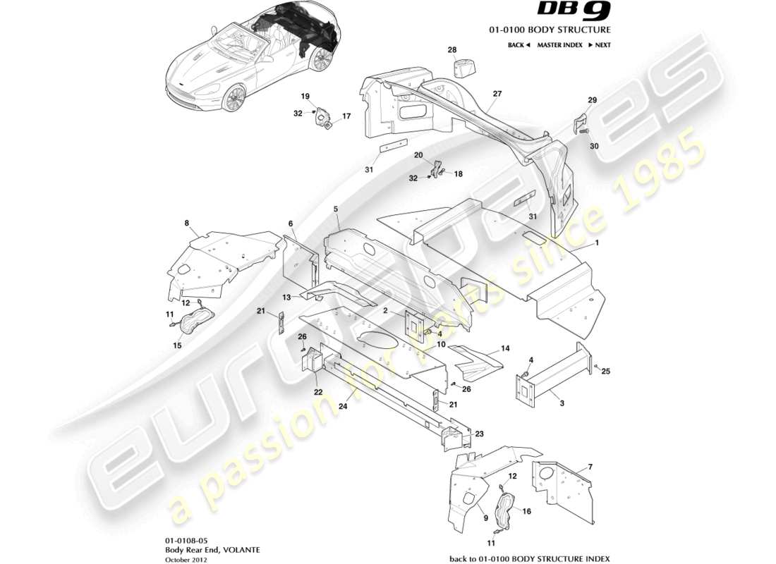 aston martin db9 (2013) body rear end, volante diagrama de piezas
