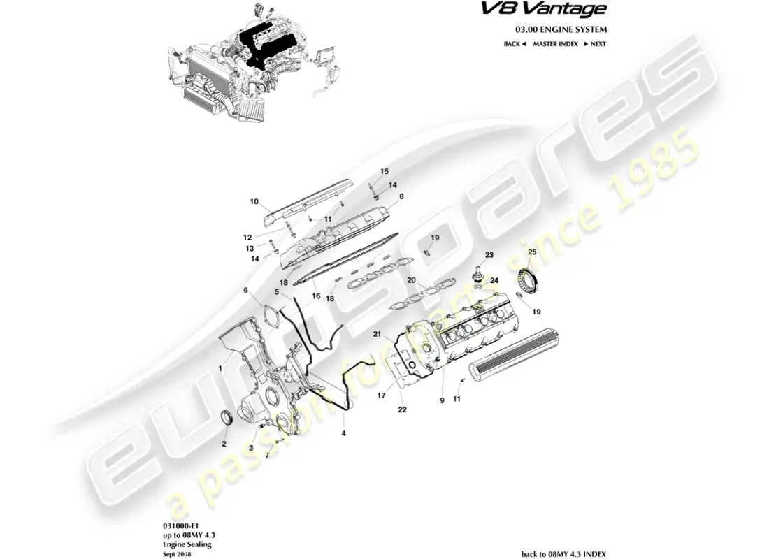 aston martin v8 vantage (2008) diagrama de piezas de sellado del motor