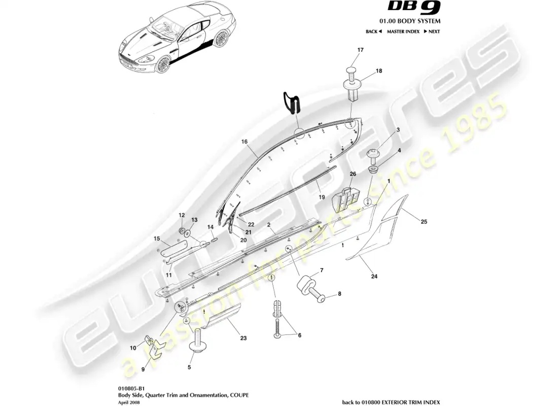 aston martin db9 (2012) guarnición lateral y lateral de la carrocería, diagrama de piezas del cupé