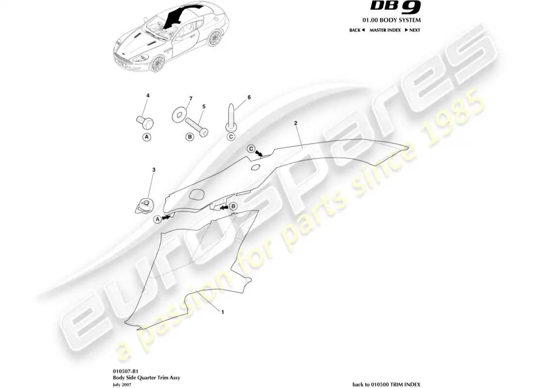 aston martin db9 (2012) guarnecido lateral de la carrocería, diagrama de piezas del cupé