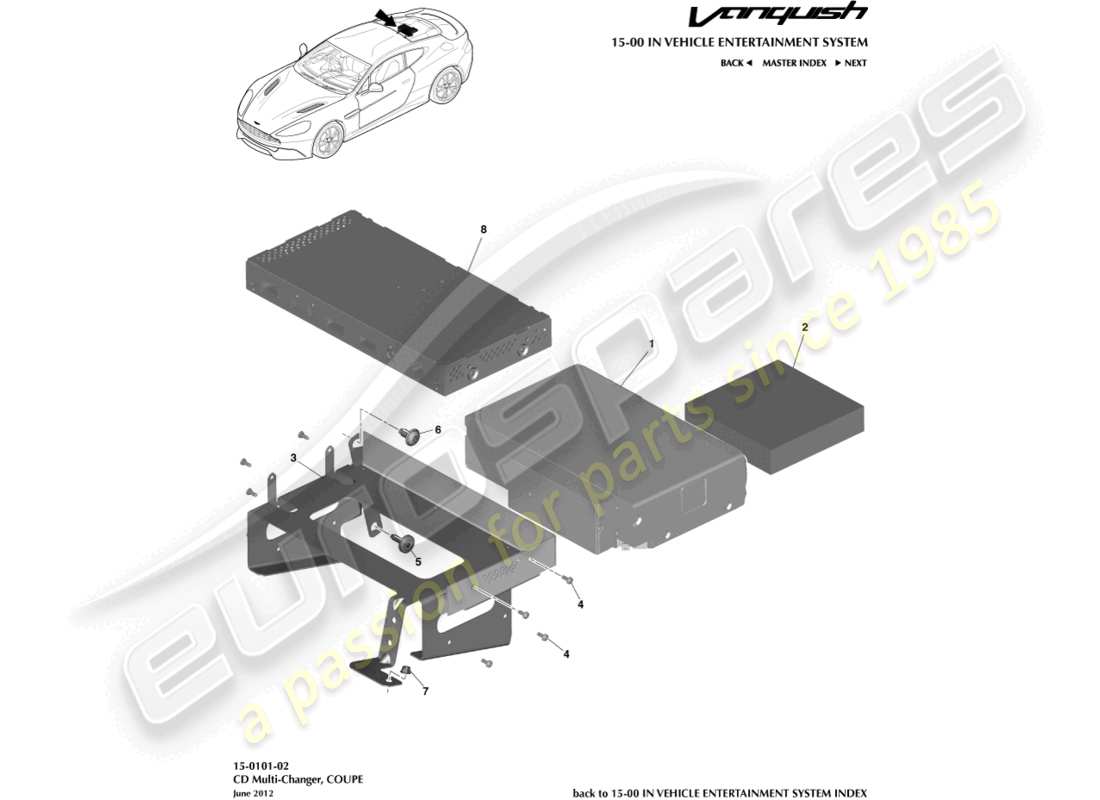 aston martin vanquish (2016) cambiador múltiple de cd, diagrama de piezas del cupé