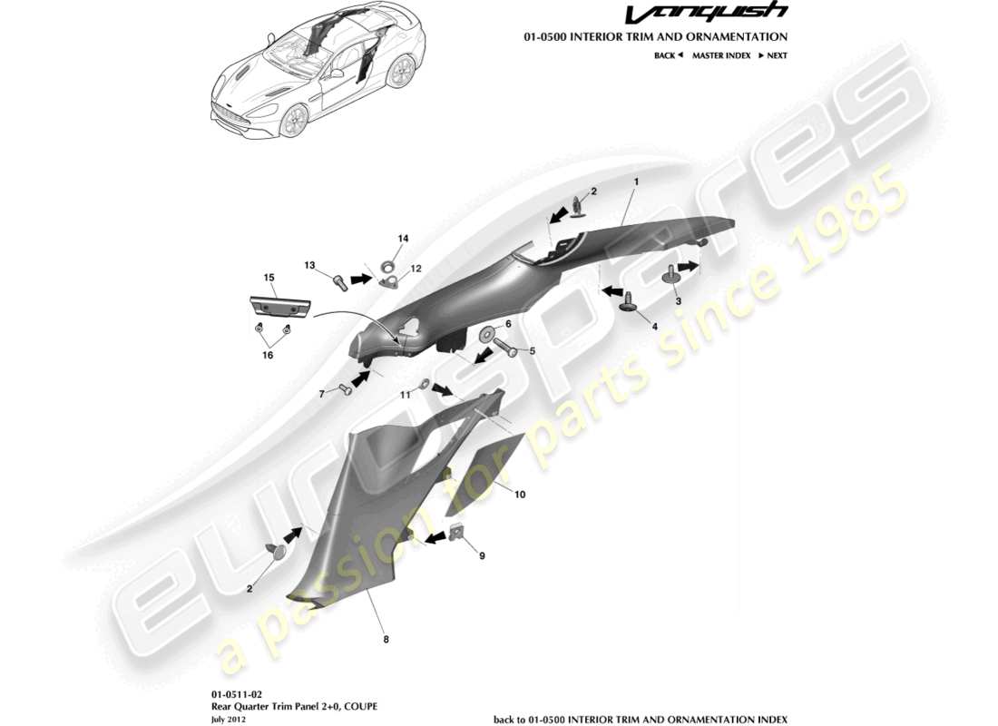 aston martin vanquish (2017) panel embellecedor del cuarto trasero, 2+0 diagrama de piezas del cupé