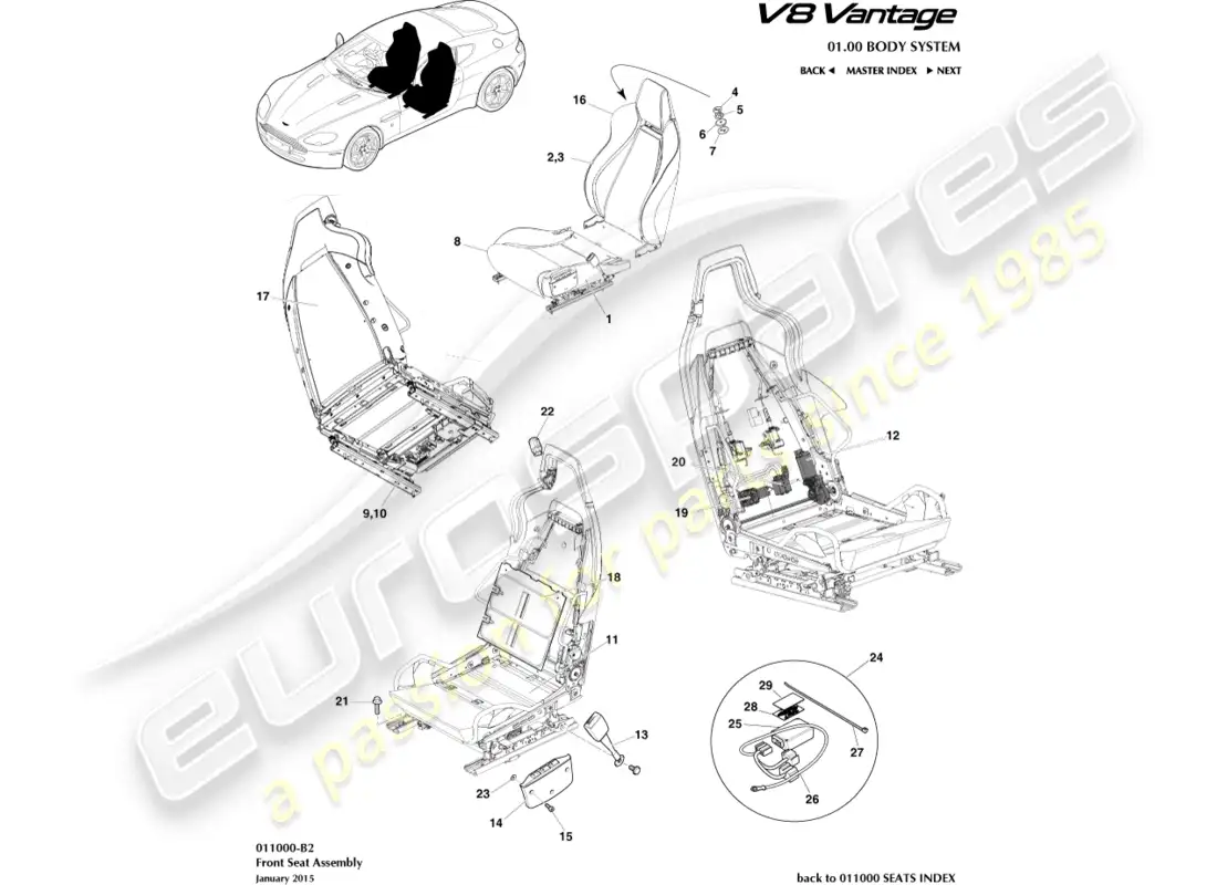 aston martin v8 vantage (2008) diagrama de piezas del asiento delantero