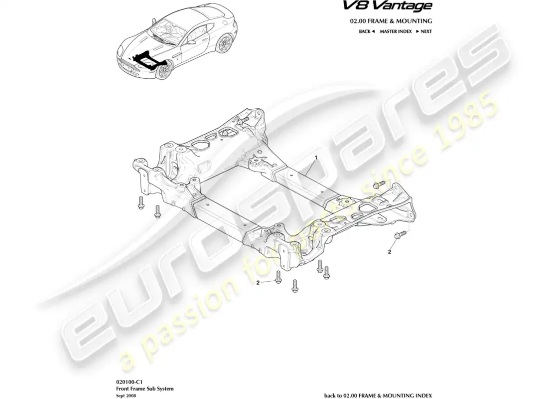 aston martin v8 vantage (2008) diagrama de piezas del subchasis delantero