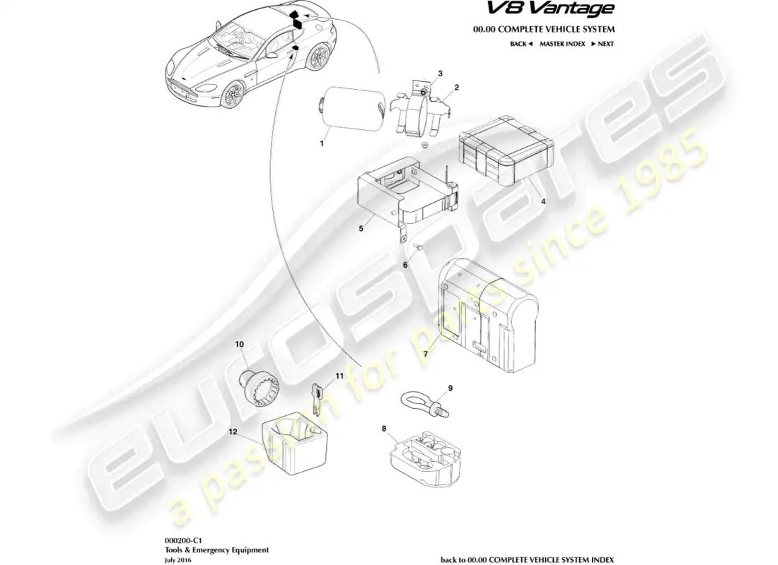 aston martin v8 vantage (2008) diagrama de piezas del equipo de emergencia