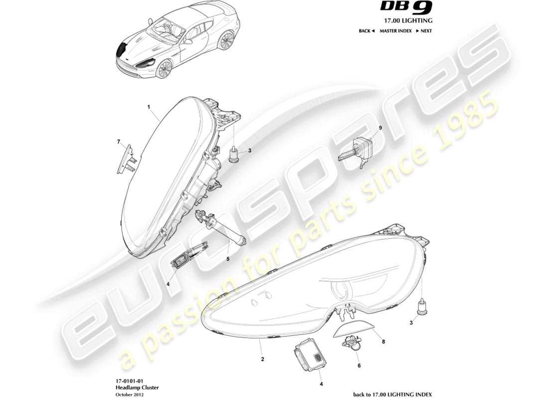 aston martin db9 (2016) diagrama de piezas de faros