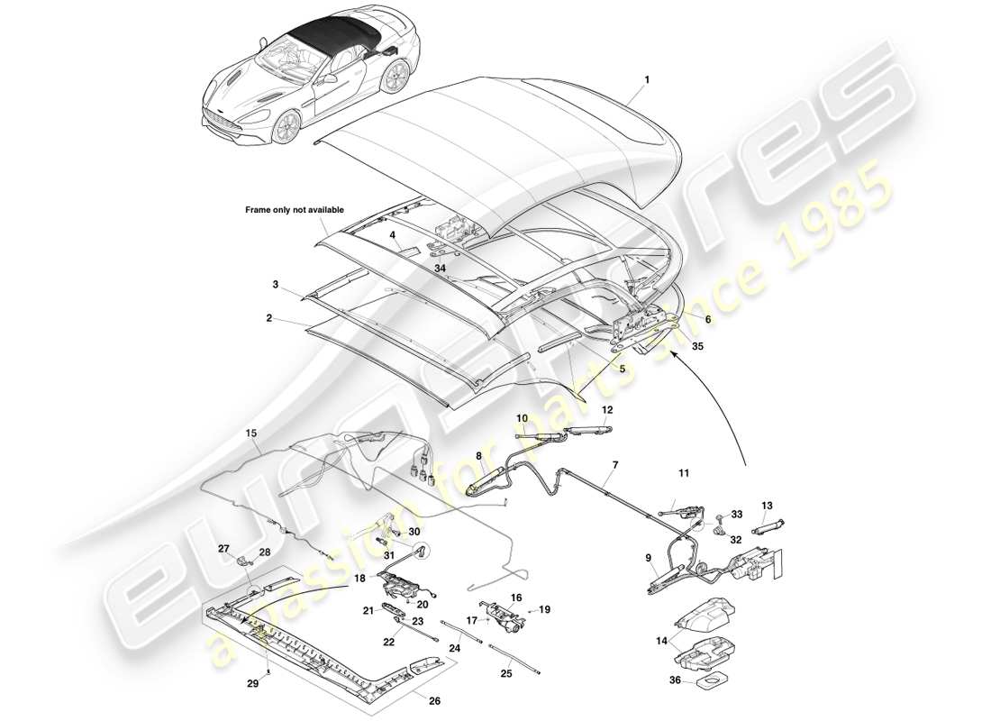 aston martin vanquish (2014) diagrama de piezas del ensamblaje del techo volante