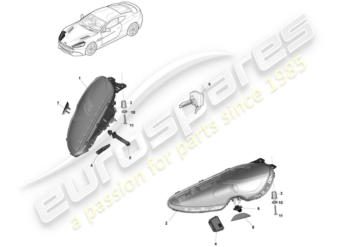 aston martin vanquish (2014) diagrama de piezas de faros
