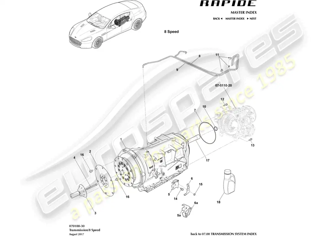 aston martin rapide (2014) transmisión, 8 velocidad diagrama de piezas