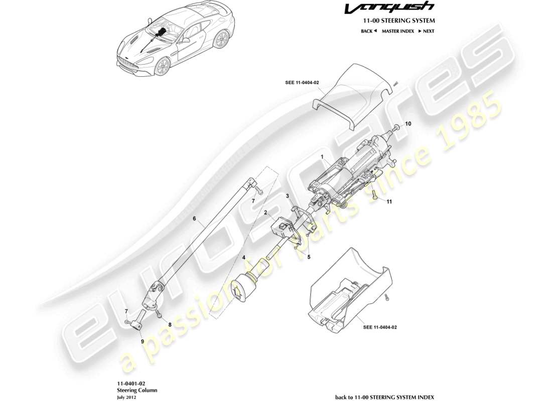 aston martin vanquish (2017) diagrama de piezas del conjunto de la columna de dirección