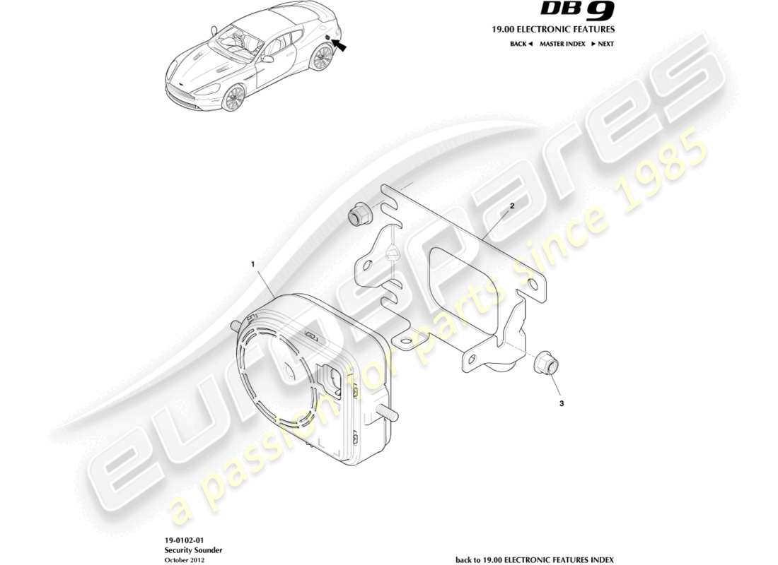 aston martin db9 (2016) diagrama de piezas de sirenas y bocinas de alarma
