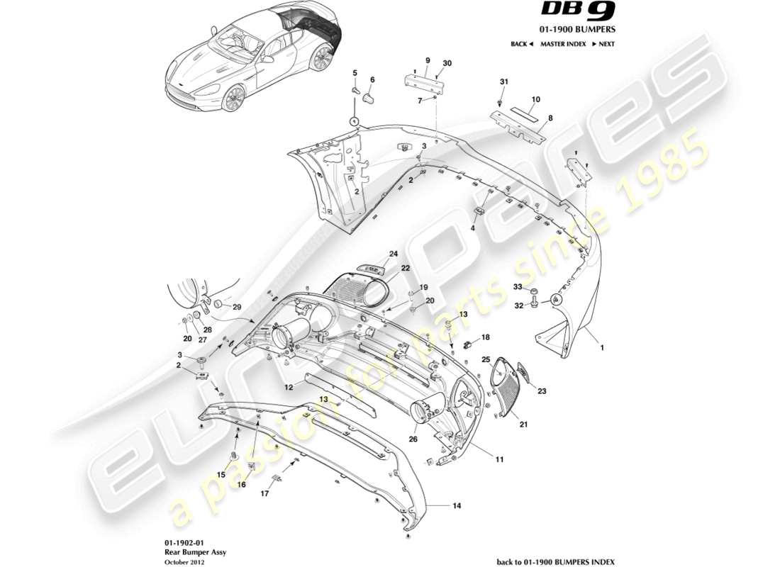 aston martin db9 (2016) diagrama de piezas del parachoques trasero