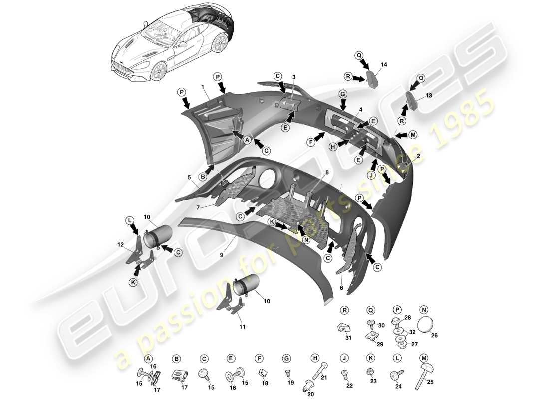 aston martin vanquish (2014) diagrama de piezas del parachoques trasero
