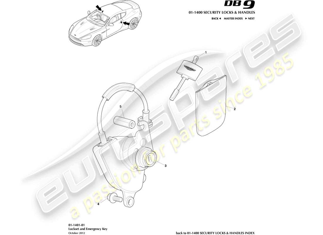 aston martin db9 (2014) diagrama de piezas del juego de cerraduras y llaves