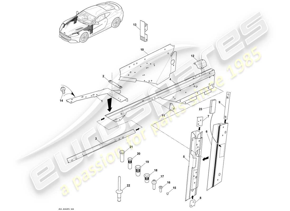 aston martin vanquish (2014) estructura de carrocería, delantera diagrama de piezas