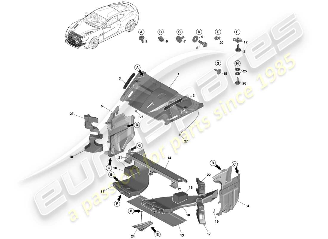 aston martin vanquish (2014) panel de apertura de rejilla diagrama de piezas