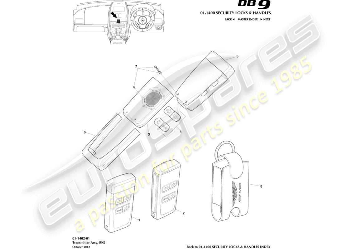 aston martin db9 (2015) diagrama de piezas del transmisor rke