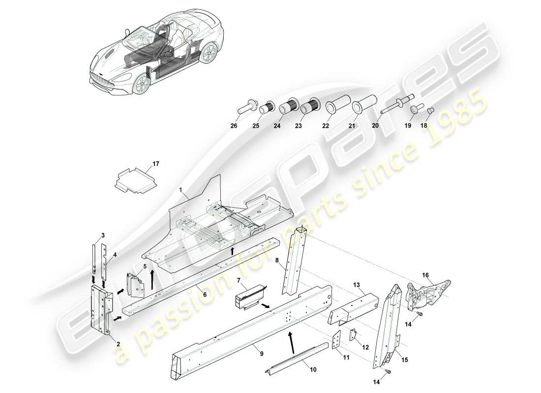 aston martin vanquish (2014) parte inferior de la carrocería, diagrama de piezas de volante