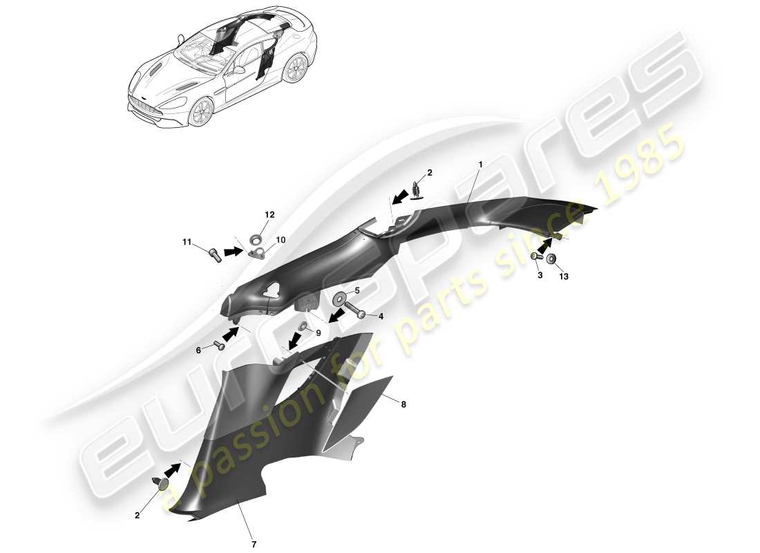 aston martin vanquish (2014) panel embellecedor del cuarto trasero, 2+2 diagrama de piezas del cupé