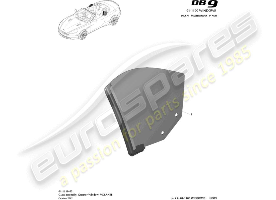 aston martin db9 (2016) vidrio del cuarto trasero, diagrama de piezas de volante