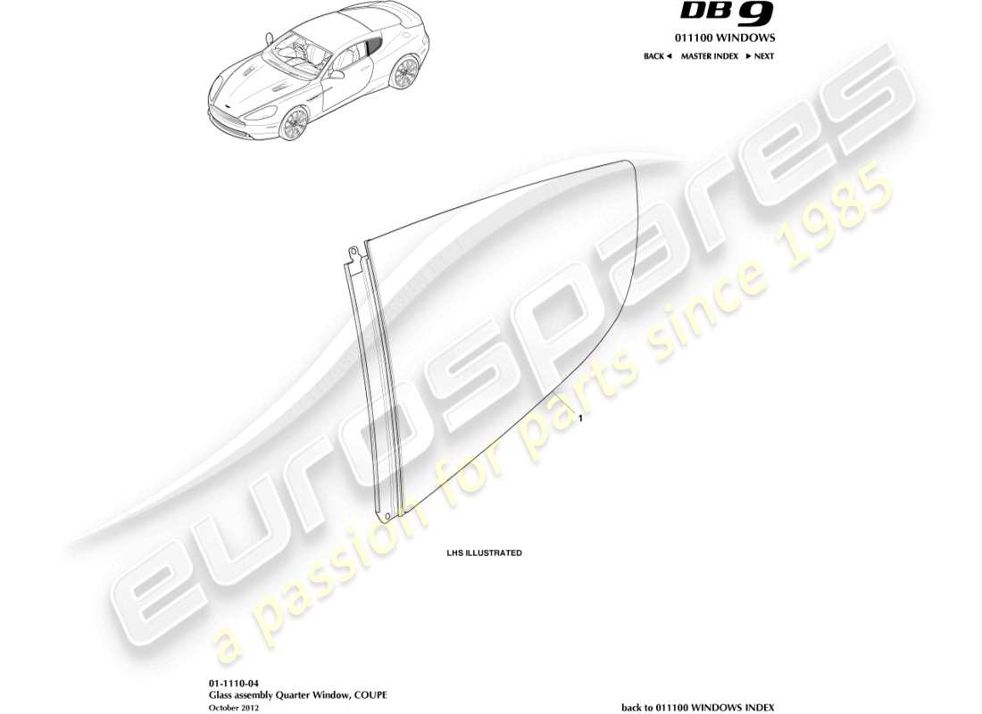 aston martin db9 (2017) vidrio trasero, cupé diagrama de piezas