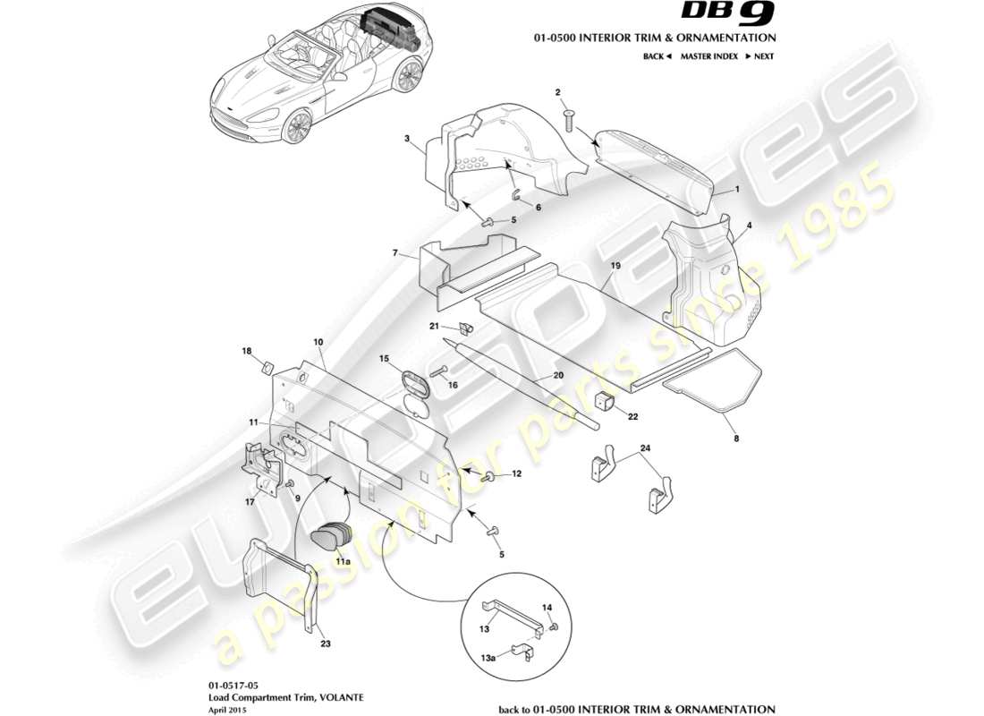 aston martin db9 (2013) embellecedor del compartimento de carga, volante diagrama de piezas