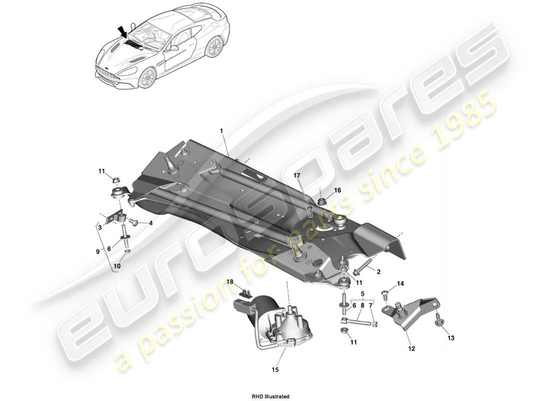aston martin vanquish (2014) varillaje del limpiaparabrisas diagrama de piezas