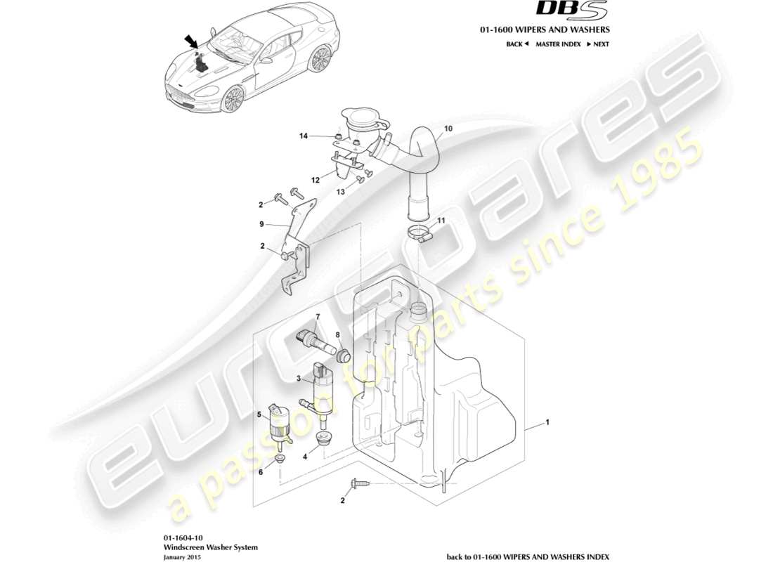 aston martin dbs (2014) diagrama de piezas de la botella de arandela