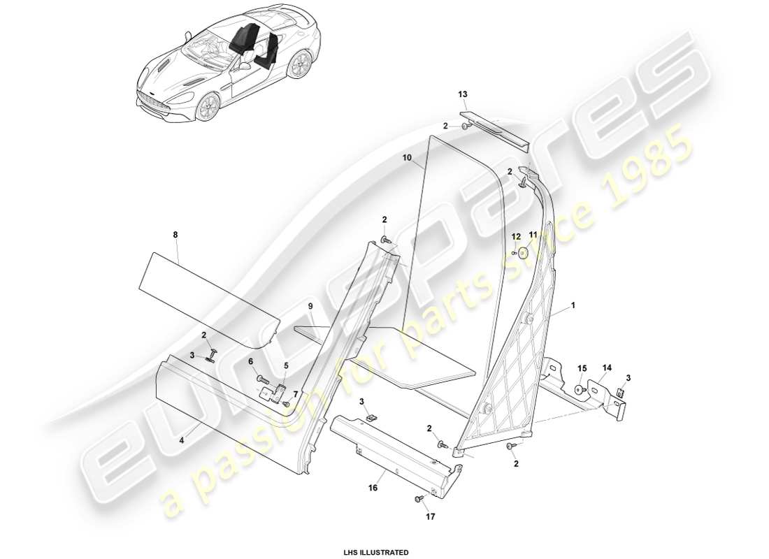 aston martin vanquish (2014) guarnición trasera de la cabina, 2+0 diagrama de piezas del cupé