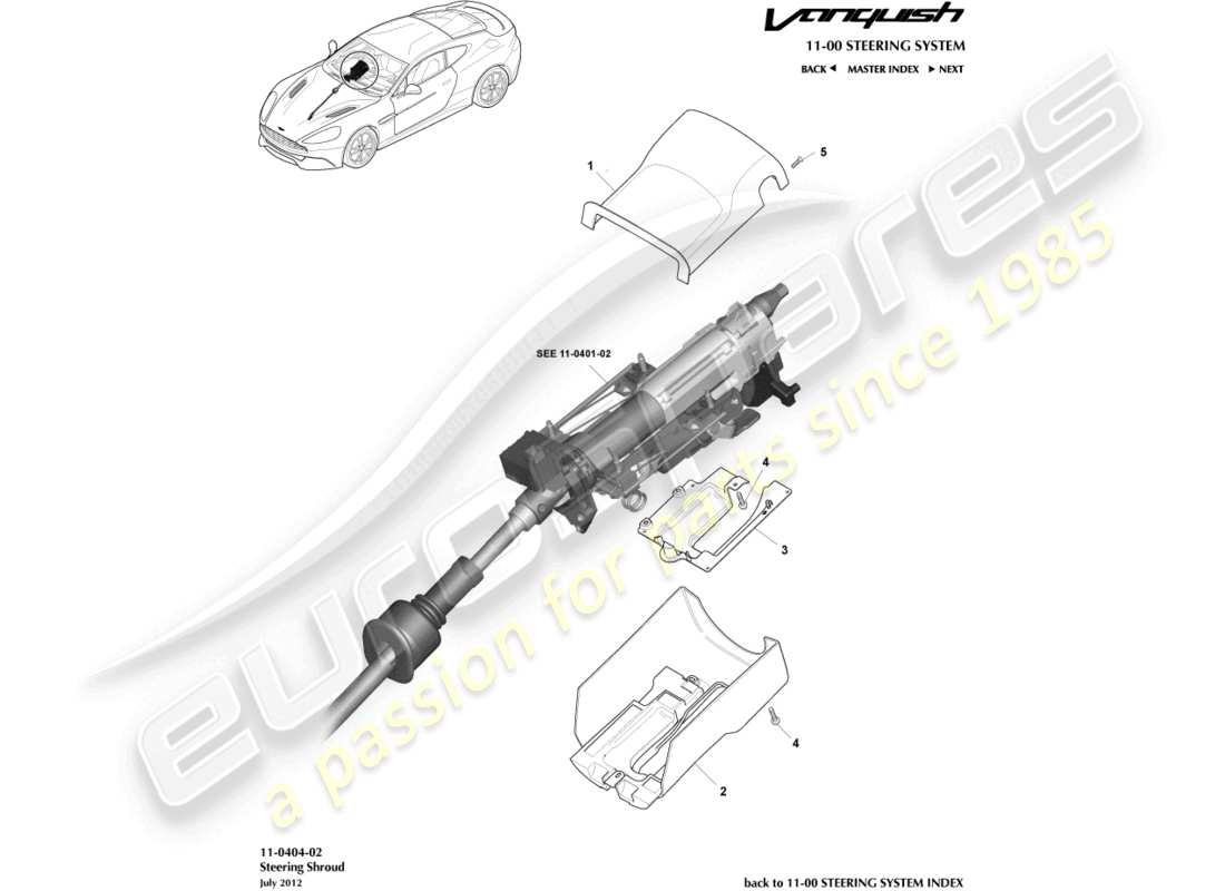 aston martin vanquish (2017) diagrama de piezas de cubierta de columna