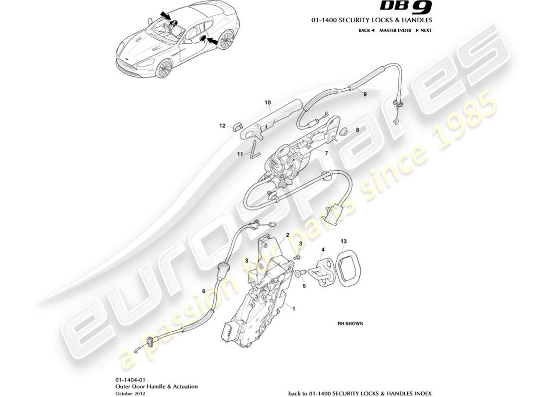 aston martin db9 (2014) diagrama de piezas de accionamiento y manijas exteriores