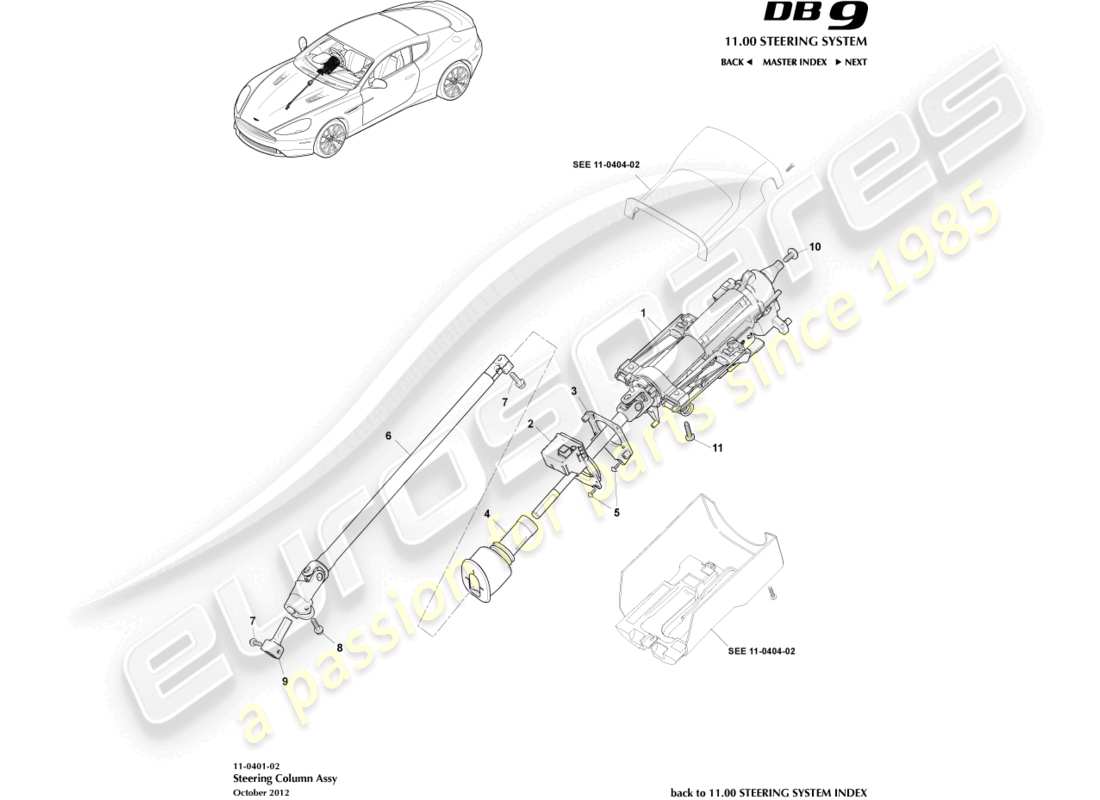 aston martin db9 (2016) diagrama de piezas del conjunto de la columna de dirección