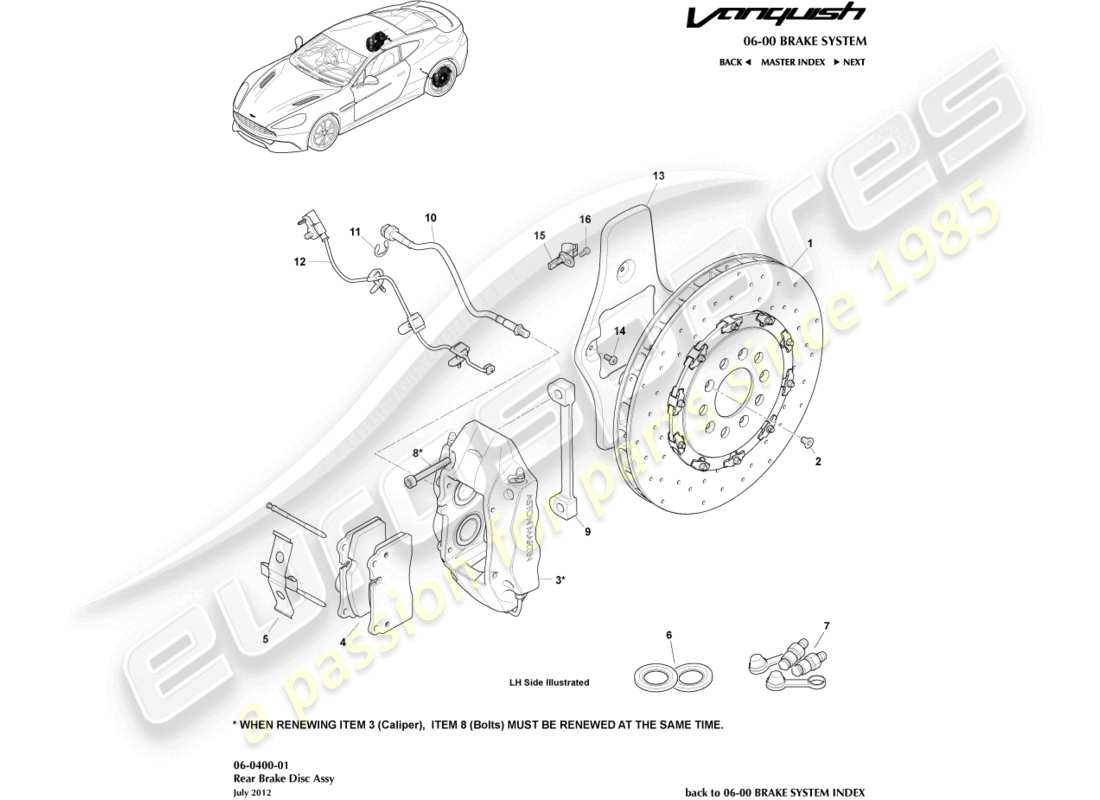aston martin vanquish (2017) diagrama de piezas del sistema de freno trasero