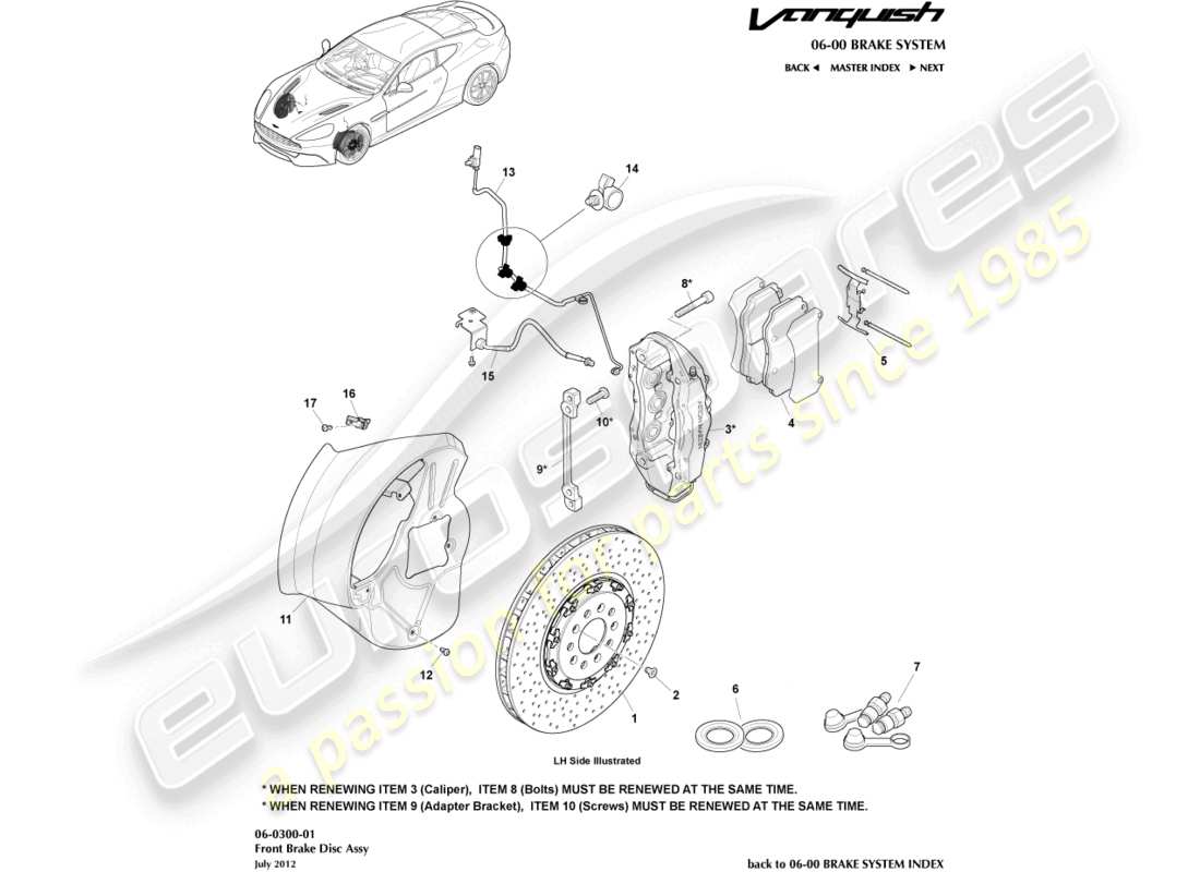aston martin vanquish (2017) diagrama de piezas del sistema de freno delantero