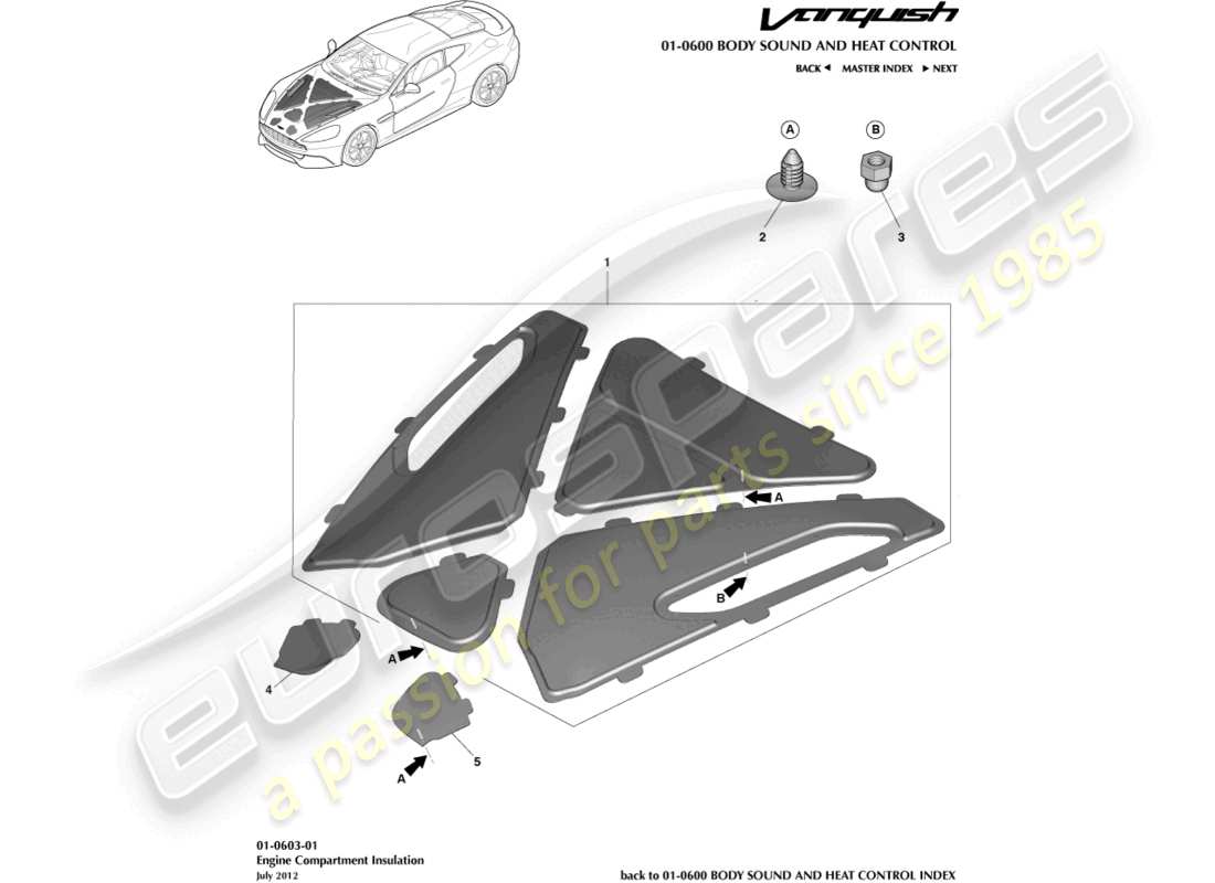 aston martin vanquish (2016) diagrama de piezas de moldura del compartimiento del motor