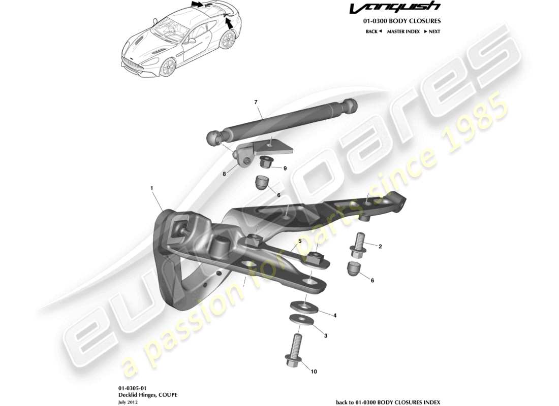 aston martin vanquish (2016) bisagras de la tapa del maletero, diagrama de piezas del cupé