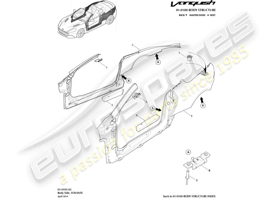 aston martin vanquish (2016) lado del cuerpo, volante diagrama de piezas