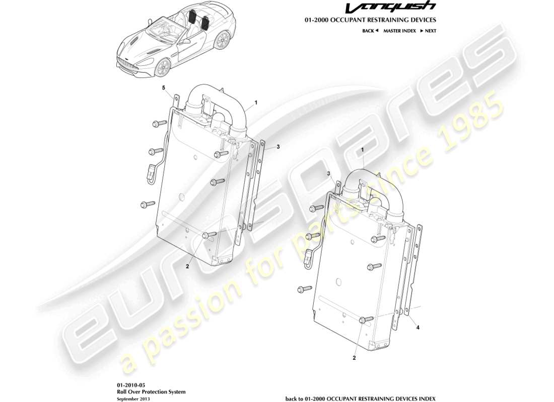 aston martin vanquish (2016) barra antivuelco desplegable, diagrama de piezas de volante